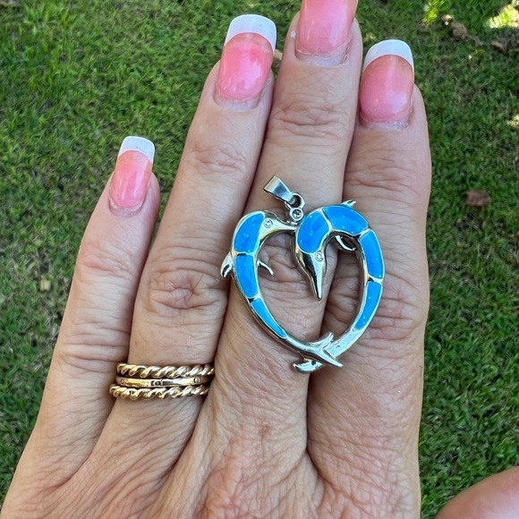 Faux Blue Opal Double Dolphin Heart Pendant 👠 - Picture 11 of 17